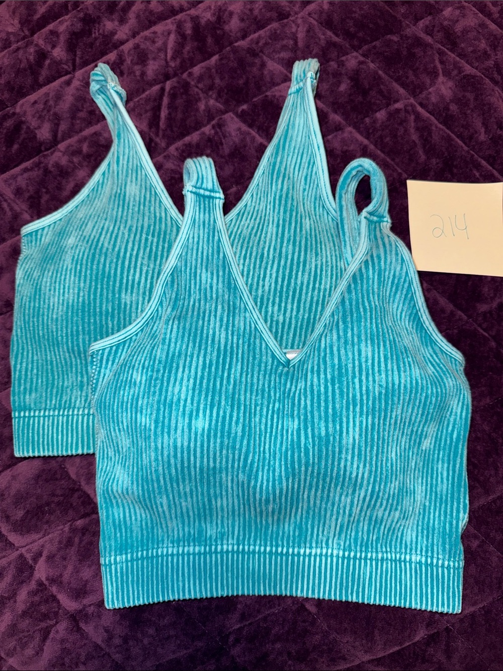 Zenana Outfitters Ribbed V-Neck bralette in Teal Blue w/ removable ribbons pad/